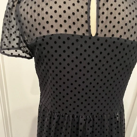 ZARA Black Flocked Swiss Dot Shirt Sleeve Flowy Midi Dress - Picture 10 of 14